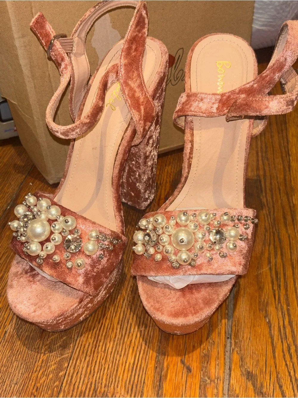Bonnibel Rose Velvet Pearl & Crystal Block Heel Sandals